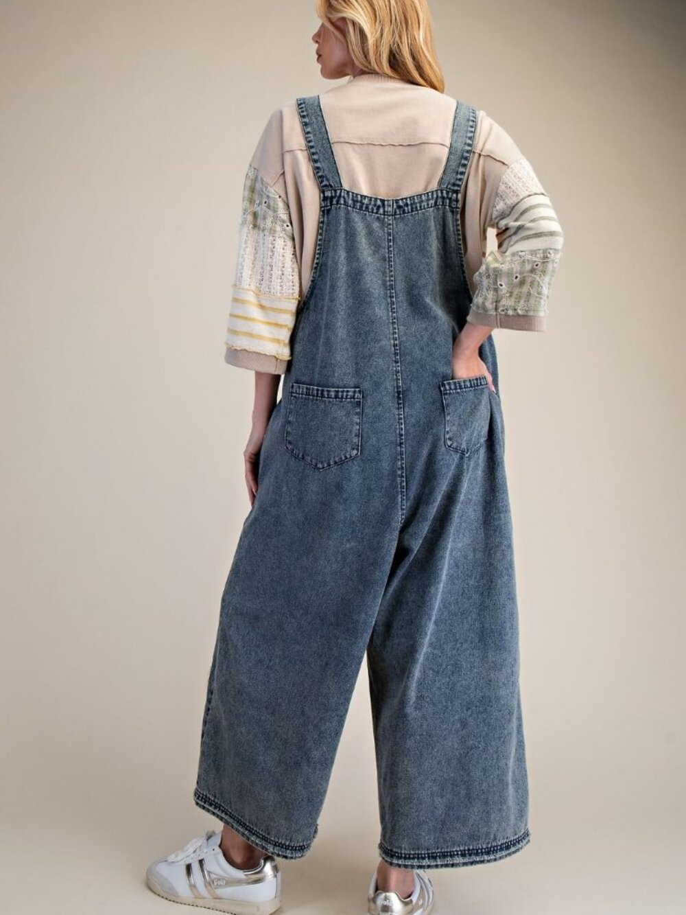 THREE BIRD NEST FLOWER PATCH WASHED DENIM OVERALLS 95%COTTON 5%VISCOSE - Picture 4 of 4